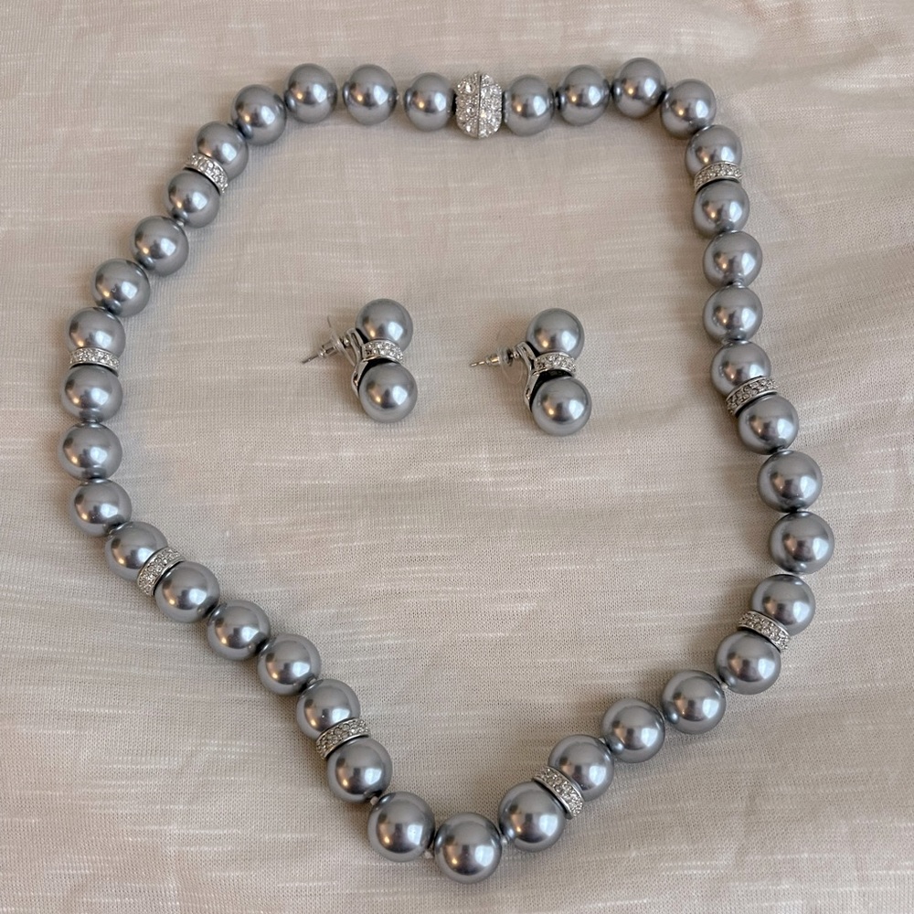 Bluish Gray Natural Topaz Necklace & Earring Set w/ White Gold, Cubic Zirconias
